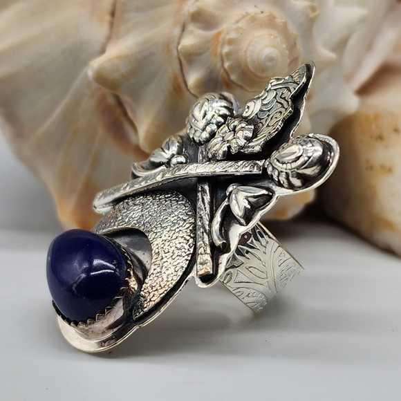 Natural Lapis Blue Stone Silver 925 Ring - Picture 4 of 9